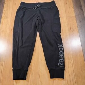Reebok Boys Large Black Jogger Sweatpants  Athletic Logo Drawstring Zip Pockets